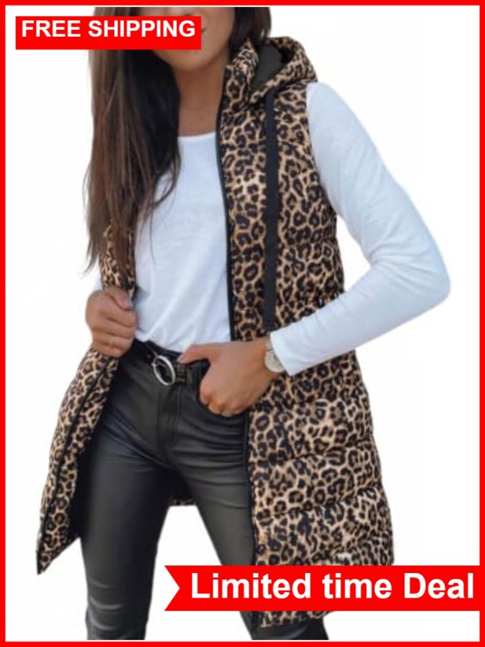 Women Long Puffer Vest Sleeveless Hooded Polka Dot Lightweight Insulated